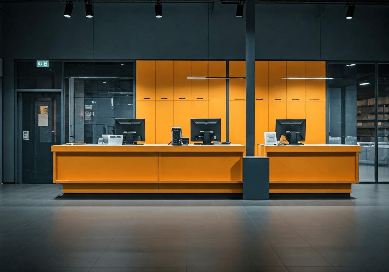 A professional logistics and mailing station interior, modern minimalist postal counter in Kralupy, focus on organized parcel handling, editorial photography, soft natural light, 85mm lens, highly detailed, no text, no words, no letters.