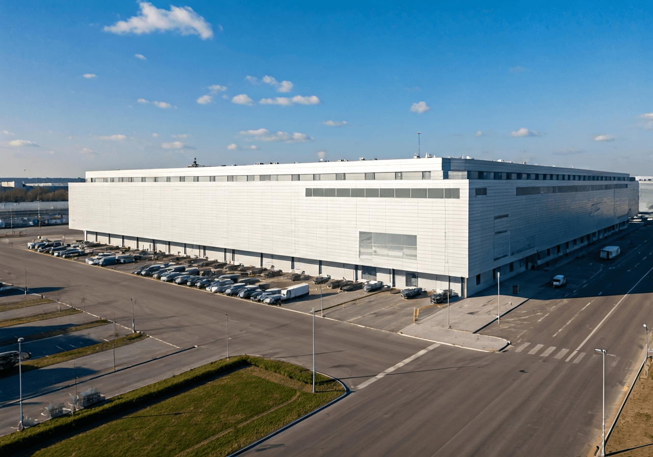 Aerial view of a modern logistics sorting facility in industrial area, clean architecture, daylight, industrial aesthetics, 85mm lens, high resolution, no text, no letters