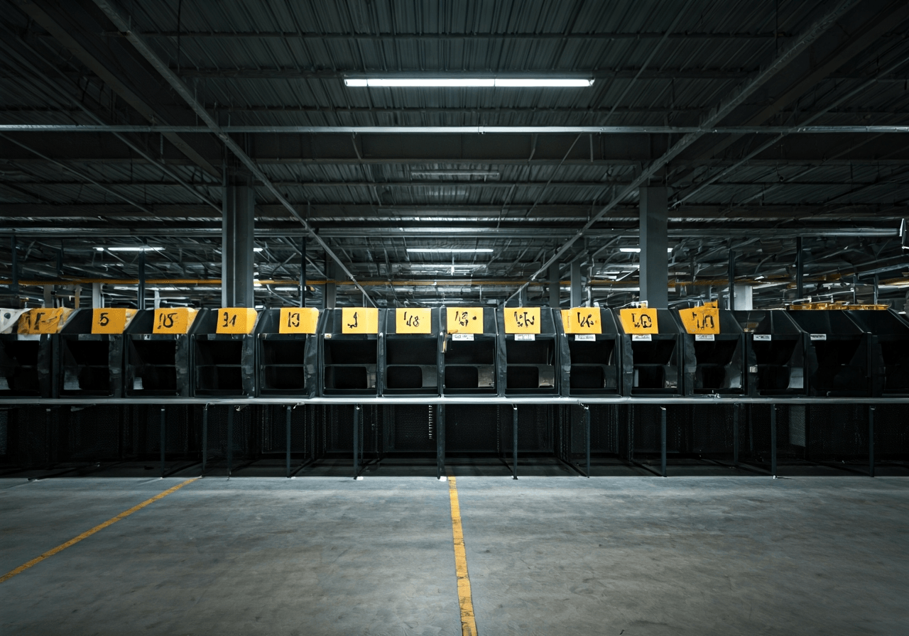 Modern logistics warehouse facility, clean and organized sorting area of a postal service, bright daylight, cinematic depth of field, premium editorial photography, 85mm lens, no text, no words, no letters