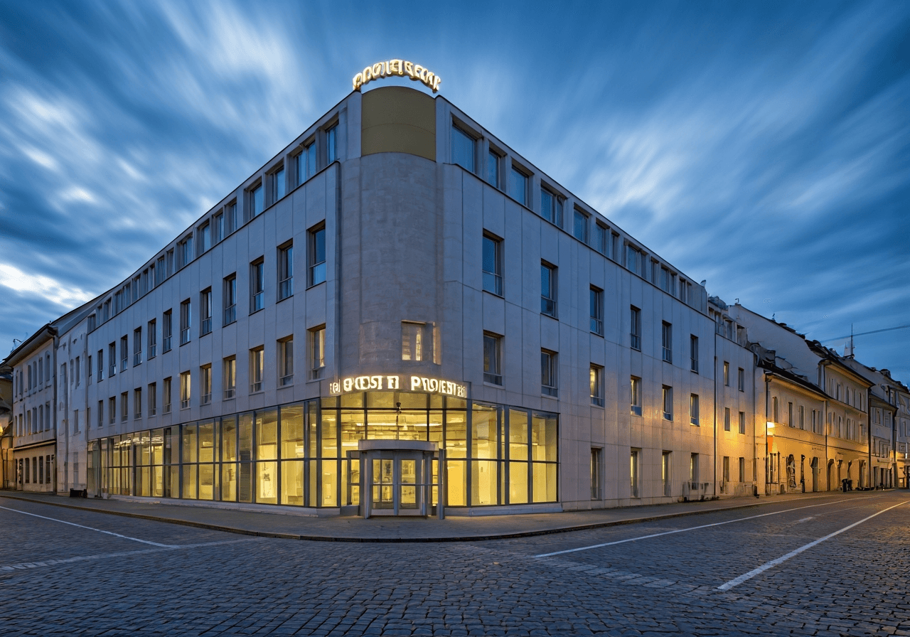 A professional exterior shot of a modern Czech post office building in a historical town setting, clear signage, soft natural daylight, cinematic architectural photography, 85mm lens, high resolution, no text, no letters.