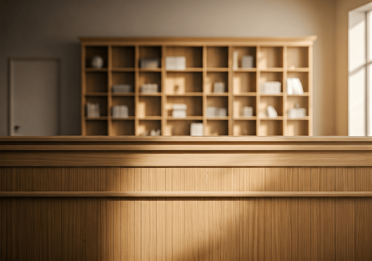 A clean, modern interior of a local post office service desk, warm wooden counter, organized shelves in the background, soft natural sunlight entering from a window, editorial photography, 85mm lens, highly detailed, no text, no words, no letters.