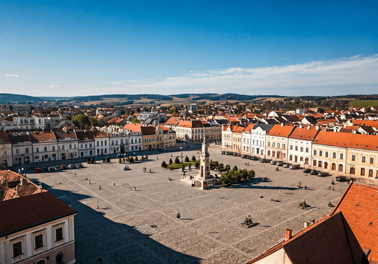Aerial view of Hodonin town square, vibrant South Moravian architecture, clean urban layout, sunny day, editorial photography, 85mm lens, high resolution, no text, no letters