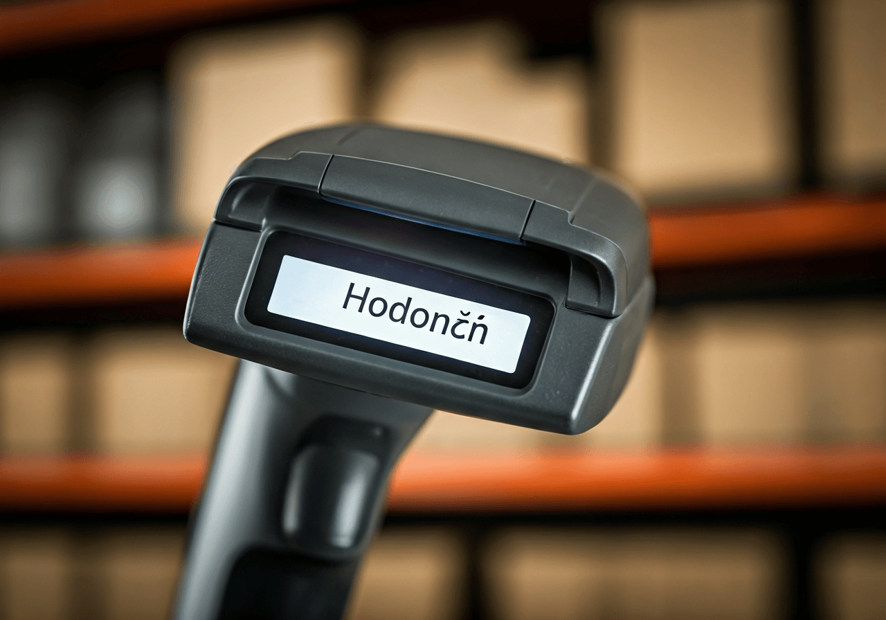 A detailed close-up of a high-tech logistics scanner focusing on a modern address label for the city of Hodonín, blurred warehouse background, clean minimalist aesthetic, soft professional studio lighting, 85mm macro lens, no text, no letters.