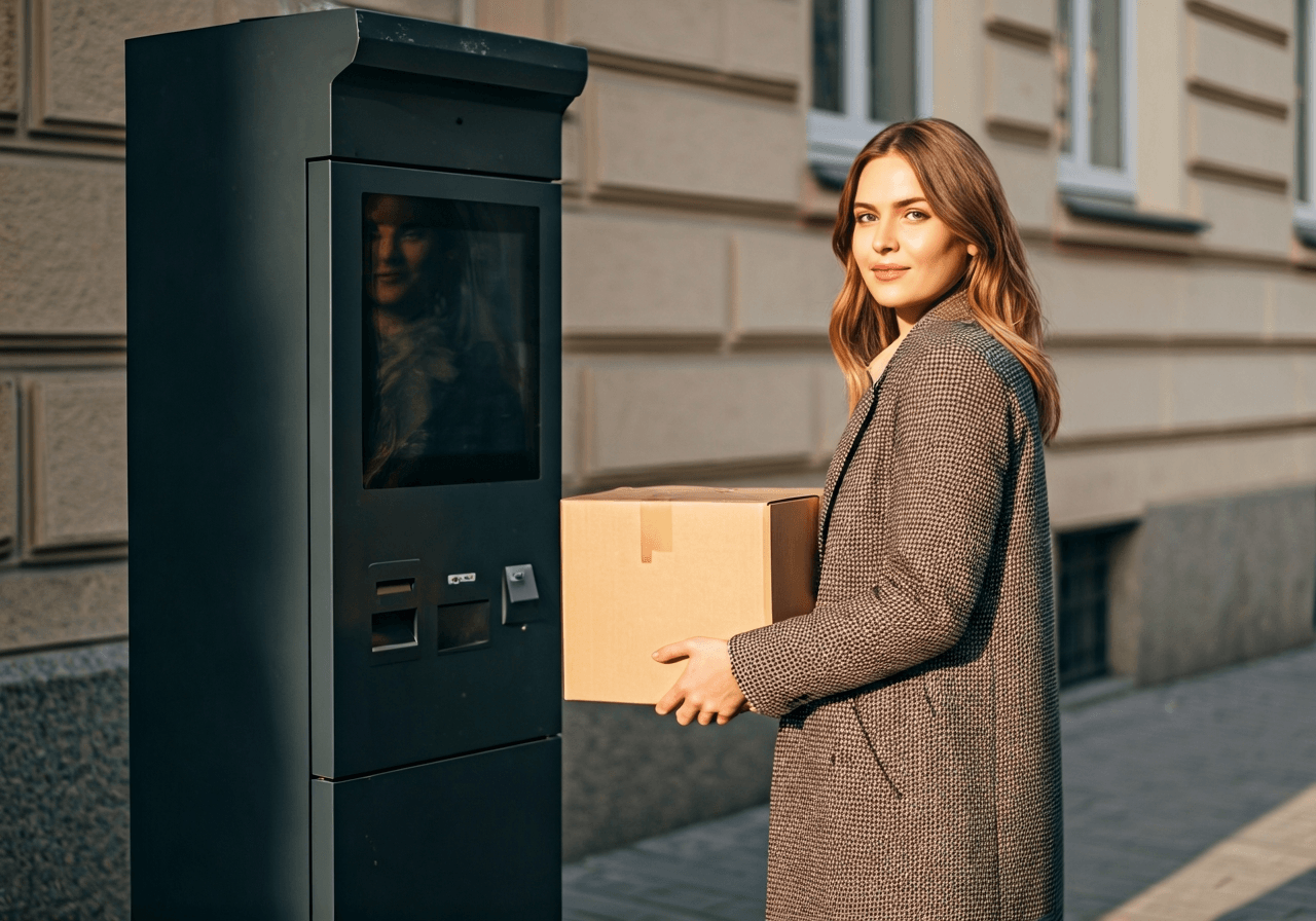 A professional woman in a modern minimalist outfit holding a parcel near a Z-BOX terminal on a sunny Vinohrady street, clean urban background, editorial photography, soft natural light, 85mm lens, highly detailed, no text, no letters
