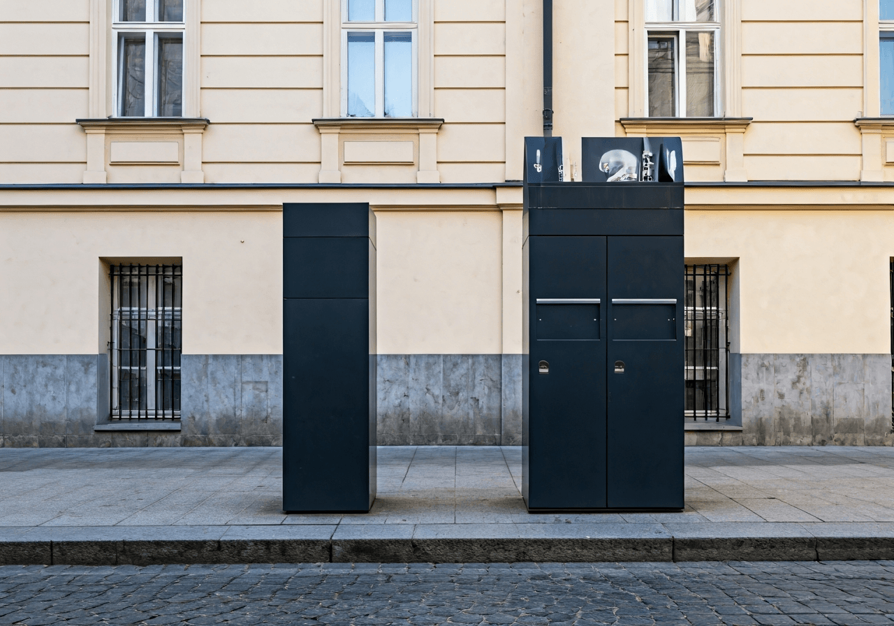 A modern, minimalist parcel pickup point in a historic Prague street, bright natural daylight, urban setting with clean architecture, editorial style, professional photography, 85mm lens, high quality, no text, no letters