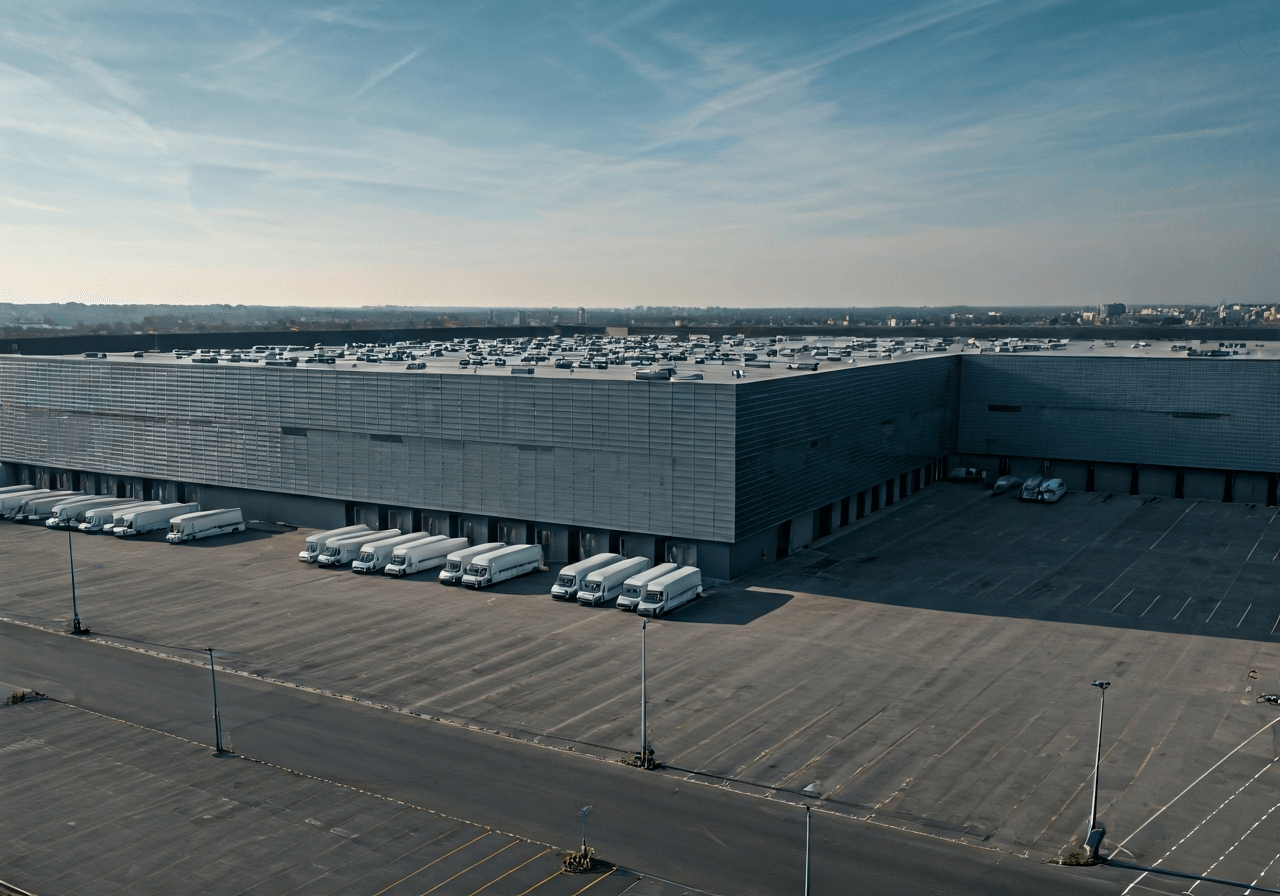 Aerial view of a modern logistics center with high-tech delivery vans, clean geometric urban layout, editorial photography, soft natural light, 85mm lens, highly detailed, no text, no letters