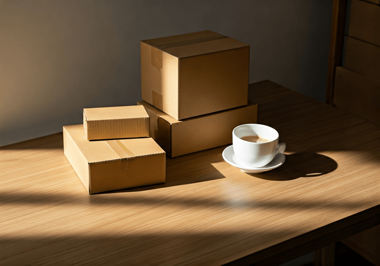 Odolena Voda PSČ: Rychlý přehled (krok za krokem) 2 A high-angle minimalist shot of a modern, organized parcel delivery station on a clean wooden table, sunlight streaming through a window, soft shadows, 85mm lens, professional editorial aesthetic, no text, no words, no letters.