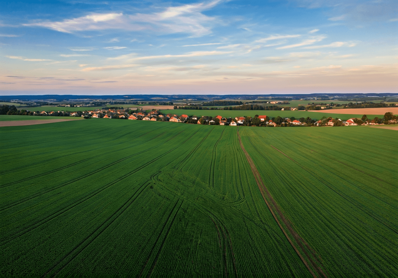 Aerial wide-angle view of the picturesque Horní Bludovice landscape with rolling green fields and traditional village architecture, scenic horizon, soft natural light, professional editorial photography, 85mm lens, high resolution, no text, no letters