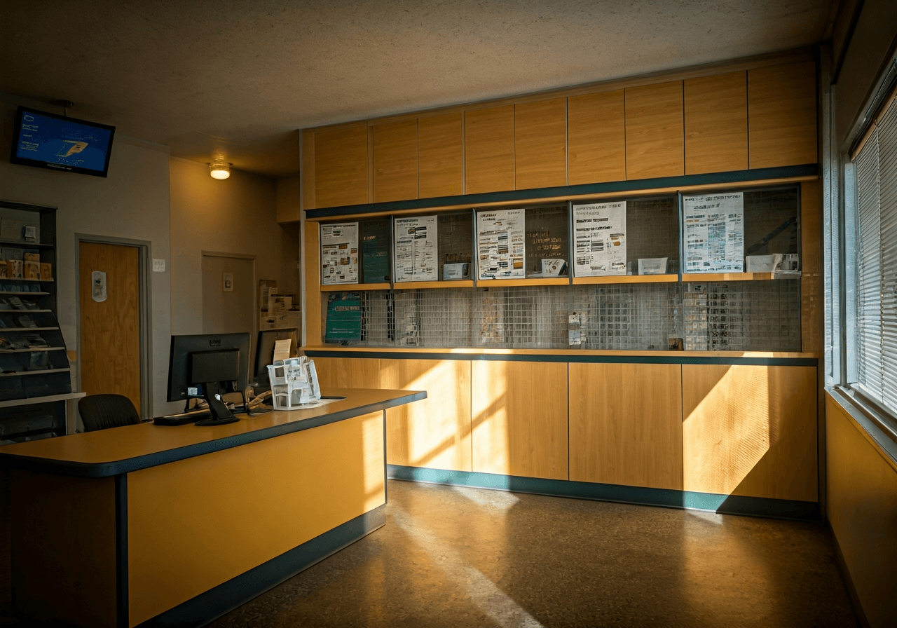 Editorial photography, a professional looking interior of a local post office, clean modern aesthetic, warm sunlight streaming through a window, 85mm lens, high detail, no text, no words