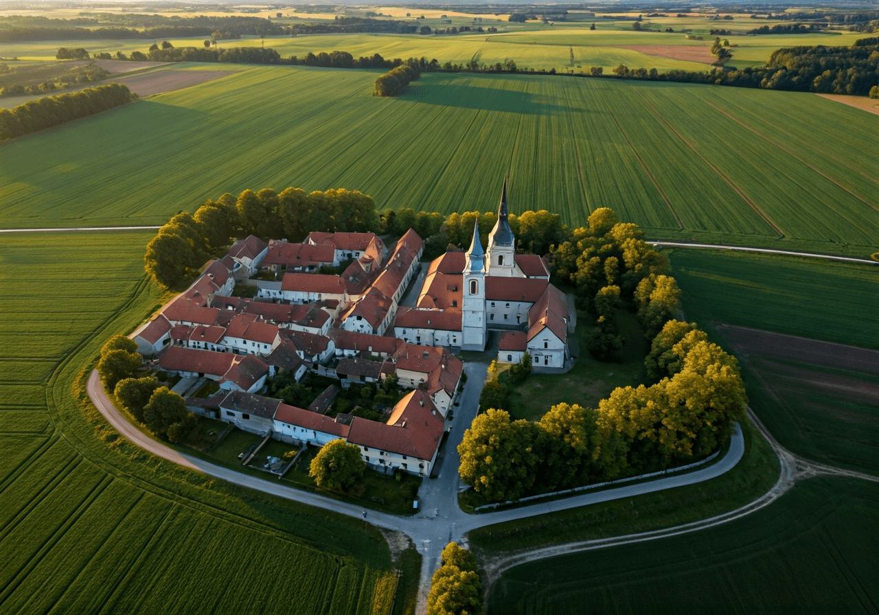 Aerial view of the historic town of Dobrovice, surrounded by lush green fields and rural landscape, modern editorial aesthetic, soft morning light, 85mm lens, sharp focus, no text, no letters