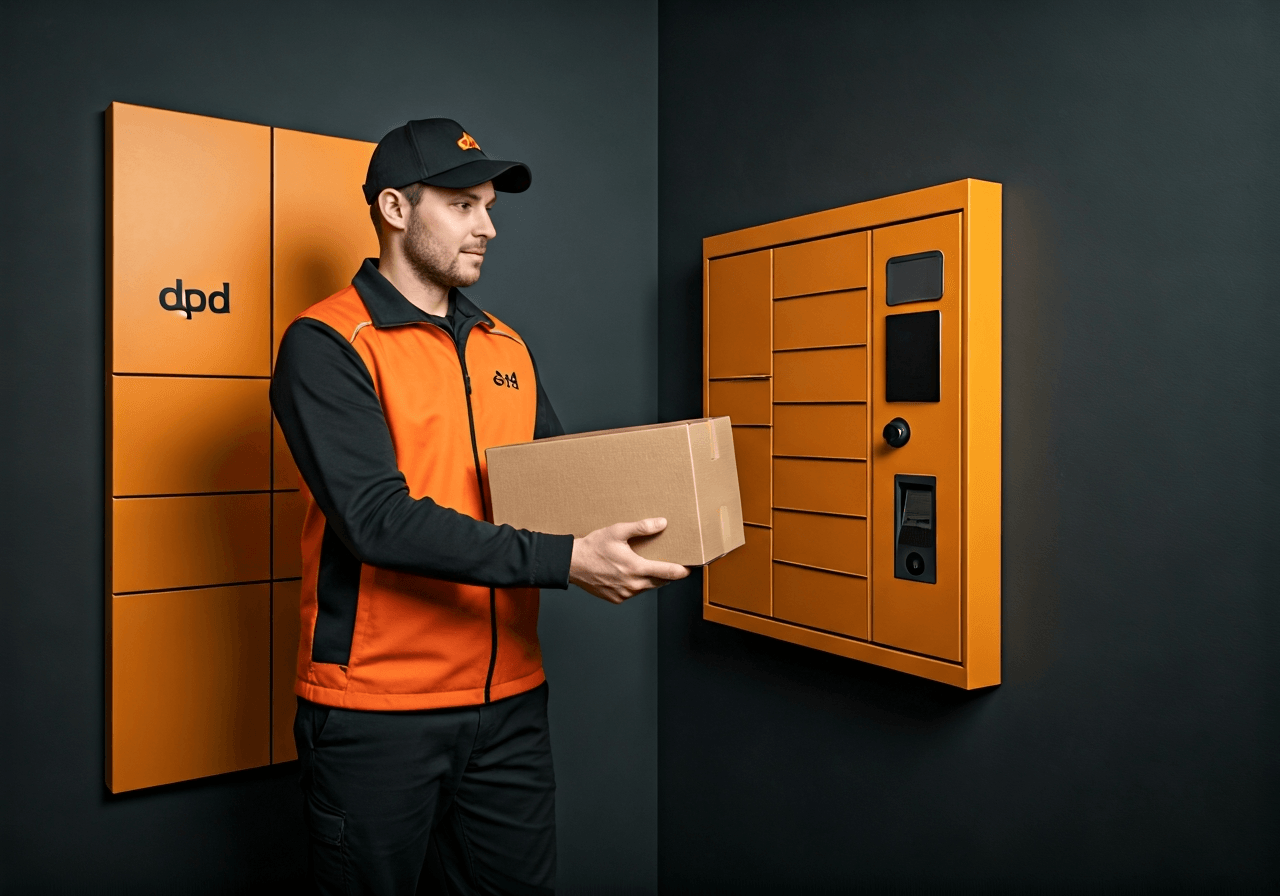 A professional DPD courier delivering a package to a modern, automated parcel locker in a clean, urban Teplice setting, cinematic natural lighting, 85mm lens, high resolution, no text, no words, no letters.