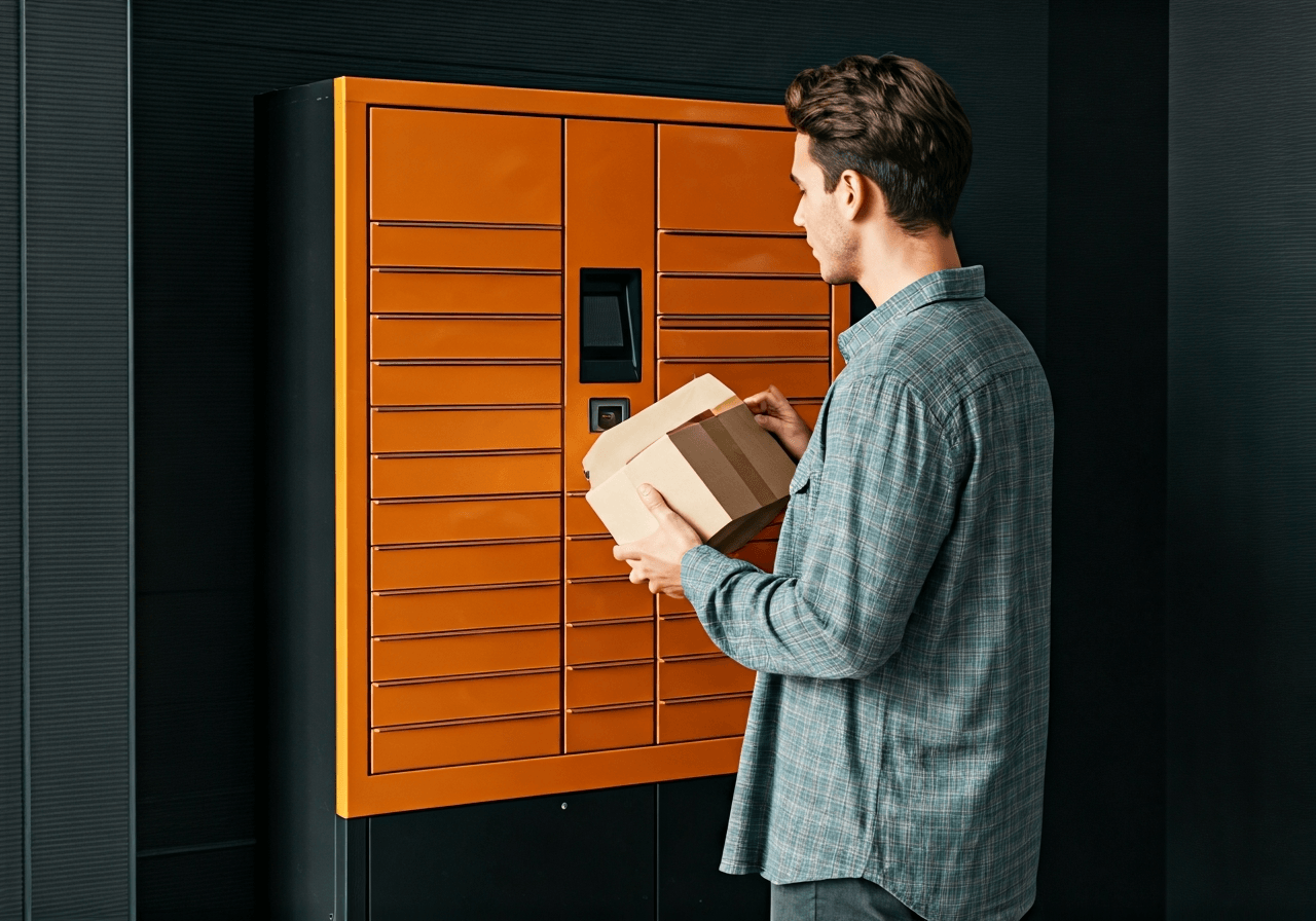 A modern person picking up a package from an automated parcel locker in a bright urban setting, clean aesthetic, editorial photography, soft natural light, 85mm lens, high quality, no text, no words, no letters