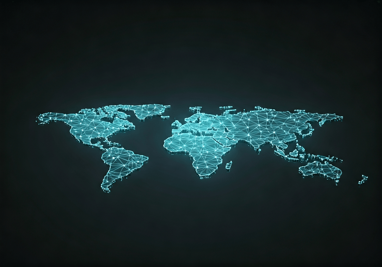 A high-tech digital visualization of a geometric map network glowing with data nodes and interconnected lines, minimalist modern office background, editorial style, soft cinematic lighting, 85mm macro lens, highly detailed, no text, no words, no letters.