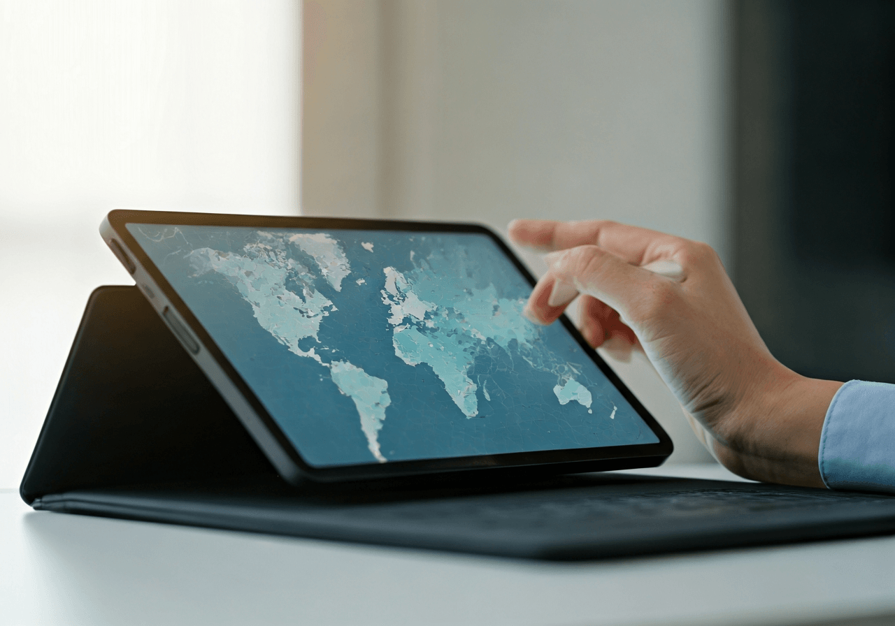 A professional nutritionist using a digital map interface on a tablet to analyze demographic health data in a modern, light-filled consulting room, editorial photography, 85mm lens, high quality, no text, no letters