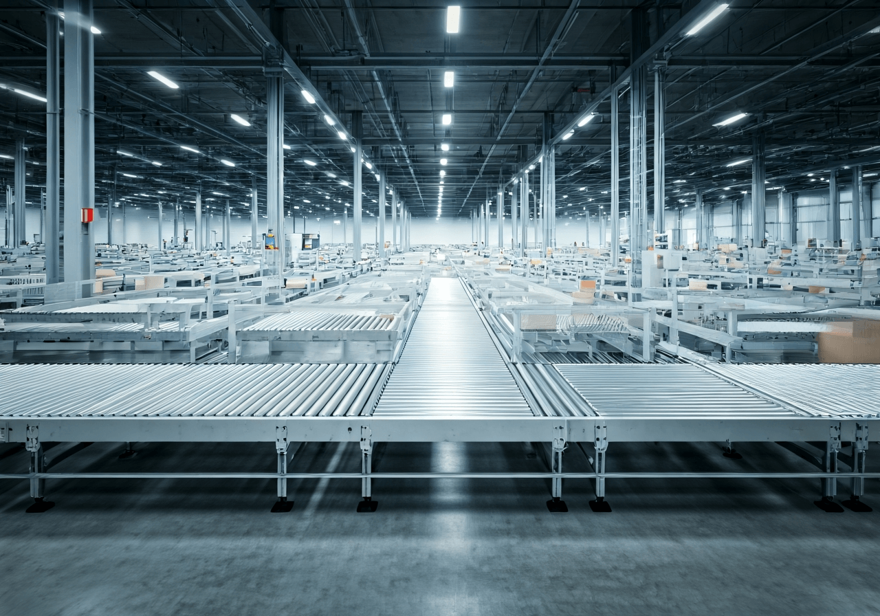 A wide shot of a modern, high-tech automated logistics sorting facility, conveyor belts, rows of packages, clean industrial environment, premium editorial lighting, 85mm lens, depth of field, no text, no words, no letters