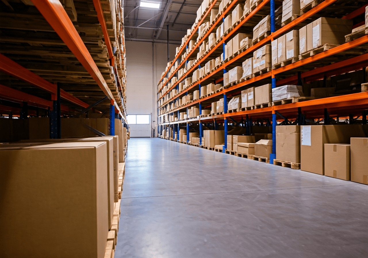 A professional logistics warehouse environment with organized parcels on shelves, modern clean aesthetic, soft natural daylight, shallow depth of field, 85mm lens, highly detailed, no text, no words, no letters.