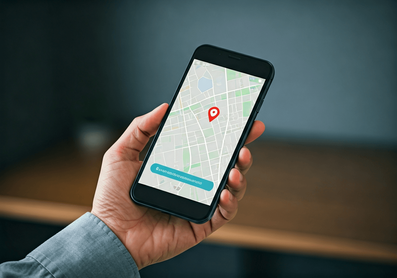 Editorial photography, close-up of a modern smartphone held in a hand showing a real-time logistics tracking map with a 1-hour delivery window notification, clean minimalist office background, soft natural lighting, 85mm lens, high resolution, no text, no letters, no words