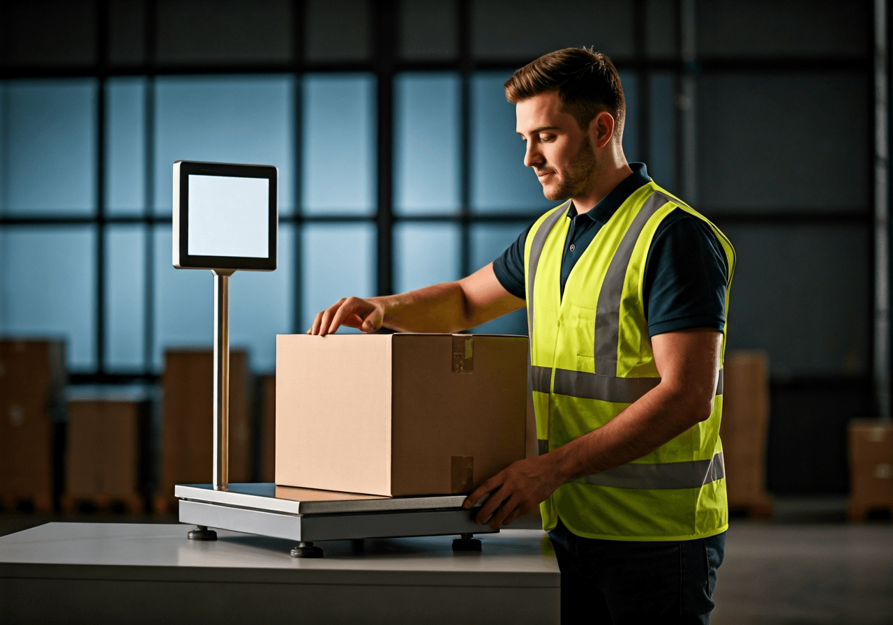 Editorial photography, a modern logistics warehouse worker checking a parcel on a high-tech weighing scale, clean industrial environment, soft natural light coming from high windows, 85mm lens, highly detailed, premium aesthetic, no text, no words, no letters
