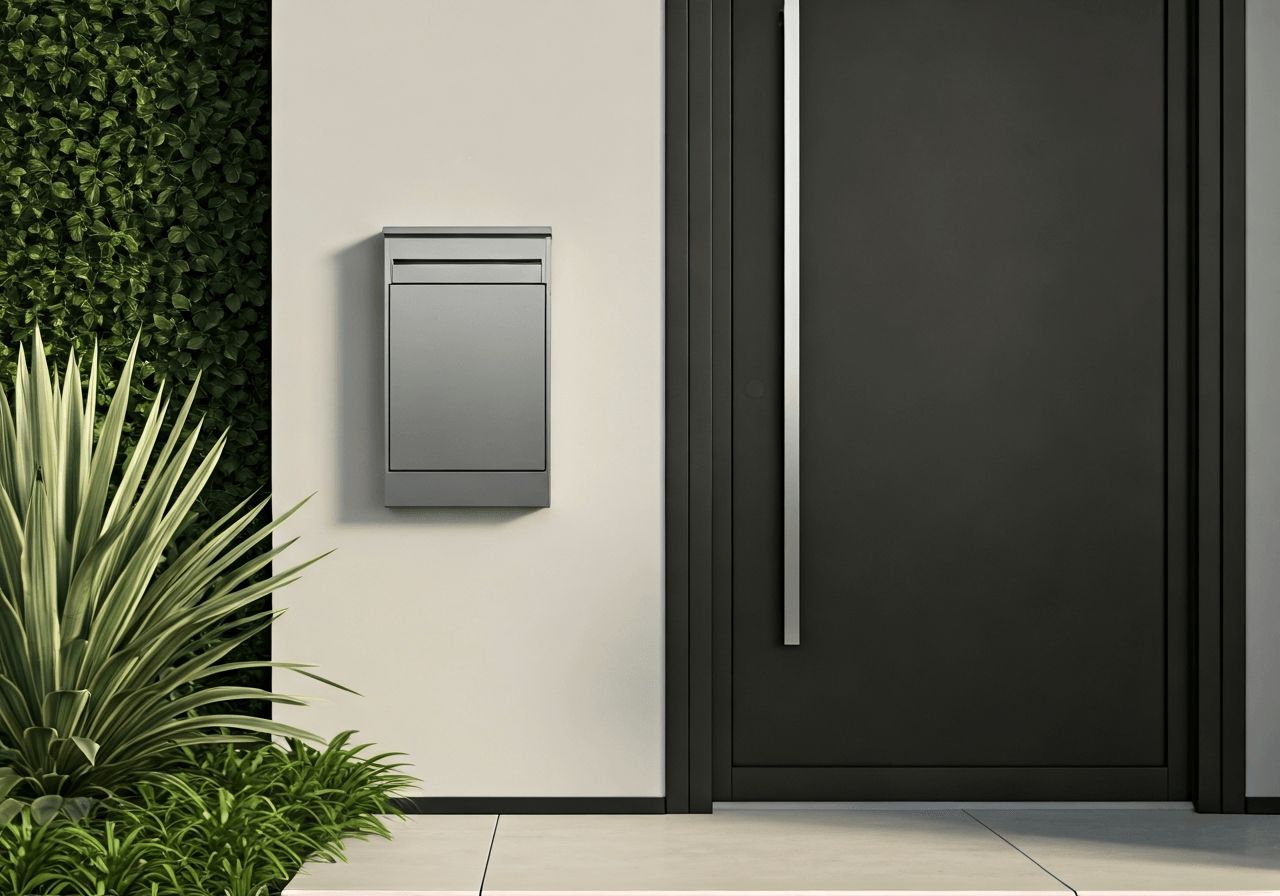 A sleek, modern metallic parcel box installed next to a contemporary minimalist front door, premium matte finish, surrounded by lush green plants, soft natural morning light, architectural photography, 85mm lens, high resolution, no text, no words, no letters.
