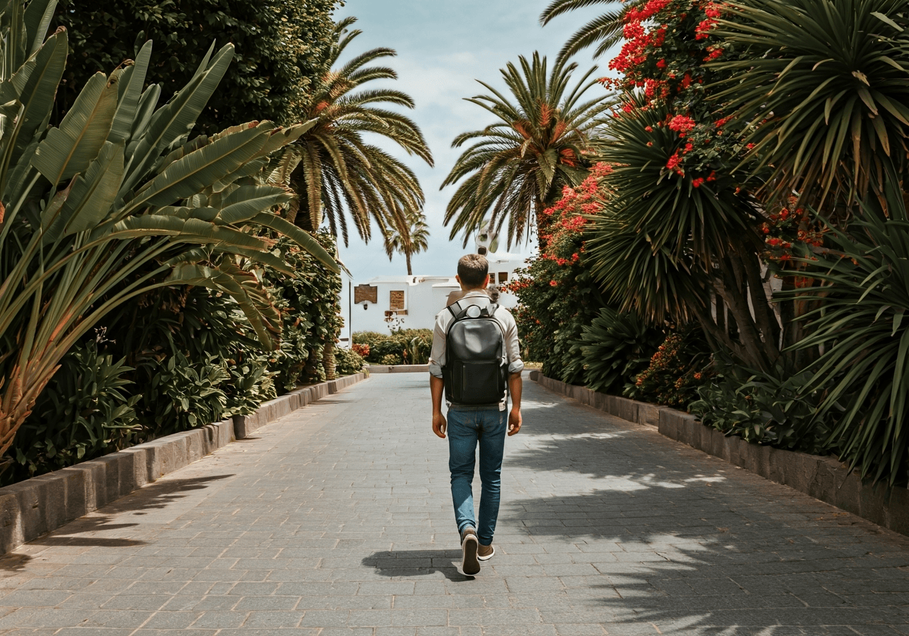 A stylish traveler walking light-handed through a scenic Tenerife street with lush tropical flora, modern minimalist backpack aesthetic, editorial photography, soft natural light, 85mm lens, highly detailed, no text, no letters