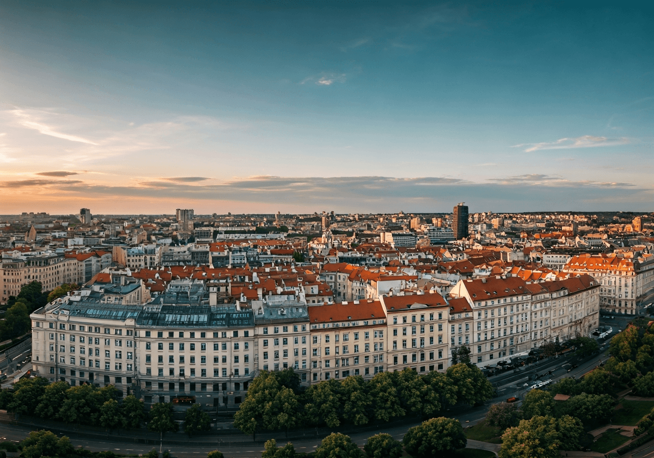 Aerial view of the Smíchov district in Prague 5, urban landscape with a blend of historical architecture and modern buildings, soft golden hour natural light, 85mm lens, high resolution, professional editorial photography, no text, no words, no letters.