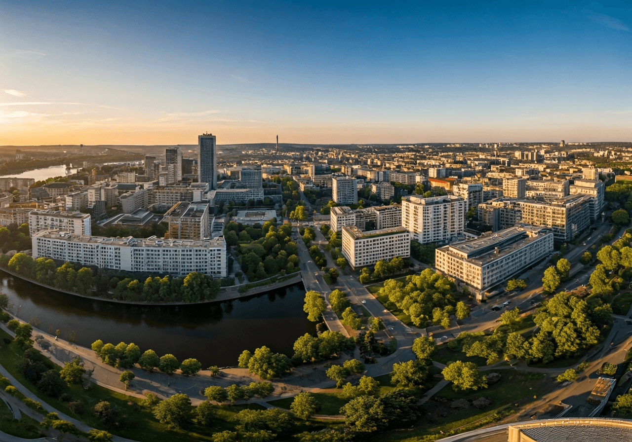 Aerial view of Smichov district in Prague, modern urban planning mixed with green parks and Vltava river, editorial photography, soft natural morning light, 85mm lens, sharp focus, vibrant atmosphere, no text, no letters