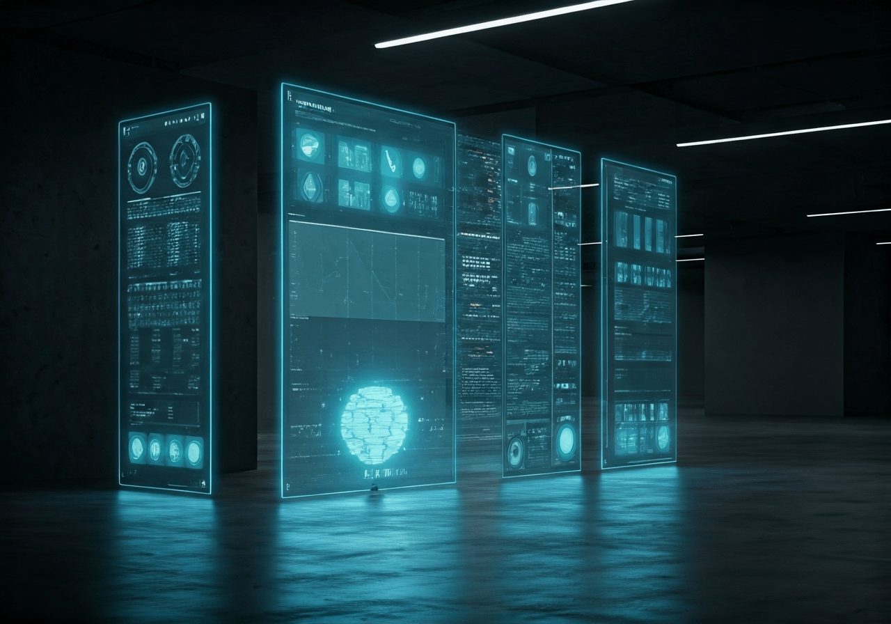 A high-tech, minimalist logistics distribution center with glowing digital interface elements, clean Scandinavian design, soft natural light, 85mm lens, high-end editorial photography, no text, no words, no letters.