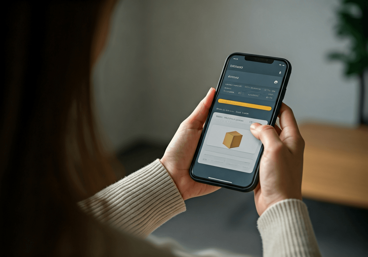 A person holding a modern smartphone displaying a parcel tracking interface, professional minimalist interior, soft natural light, editorial photography style, 85mm lens, high quality, no text, no words, no letters