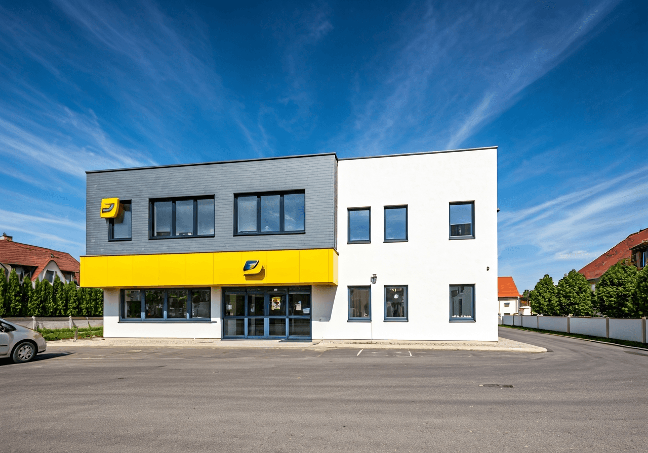 A professional exterior shot of a modern, clean post office building in a rural Czech village, bright daylight, architectural photography, sharp focus, 85mm lens, neutral tones, no text, no words, no letters