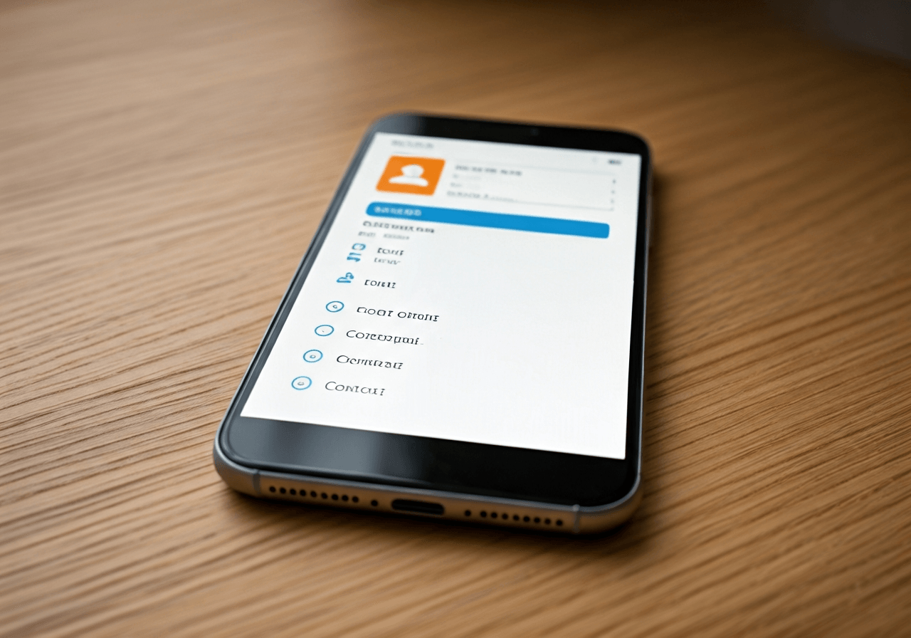 A professional desk environment with a smartphone displaying a post office application and a clean, minimalist contact list, soft natural light, editorial photography, 85mm lens, high quality, no text, no words