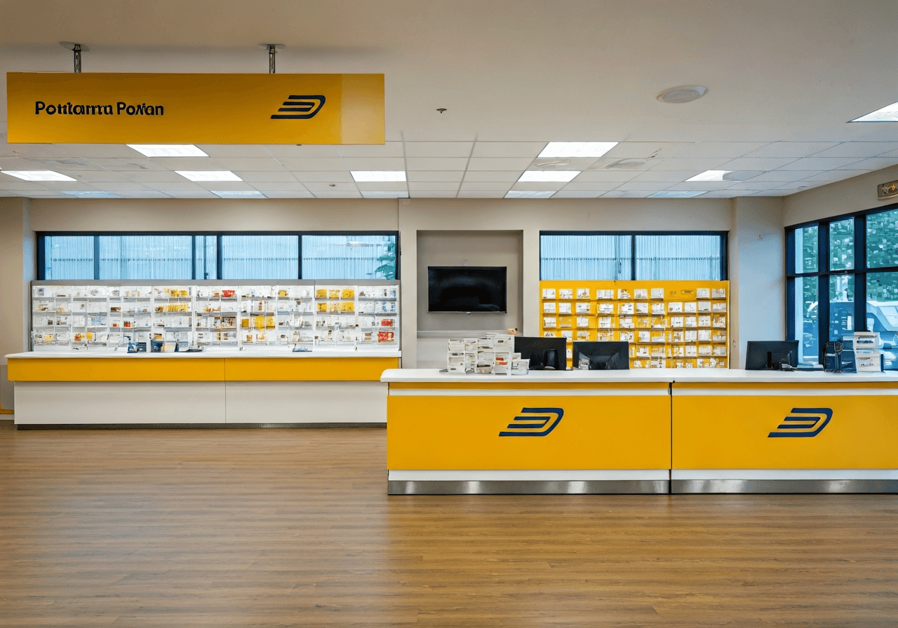 A professional, modern postal branch interior with clean lines and clear signage, bright daylight through large windows, high-end editorial photography style, 85mm lens, minimalist aesthetic, no text, no words, no letters