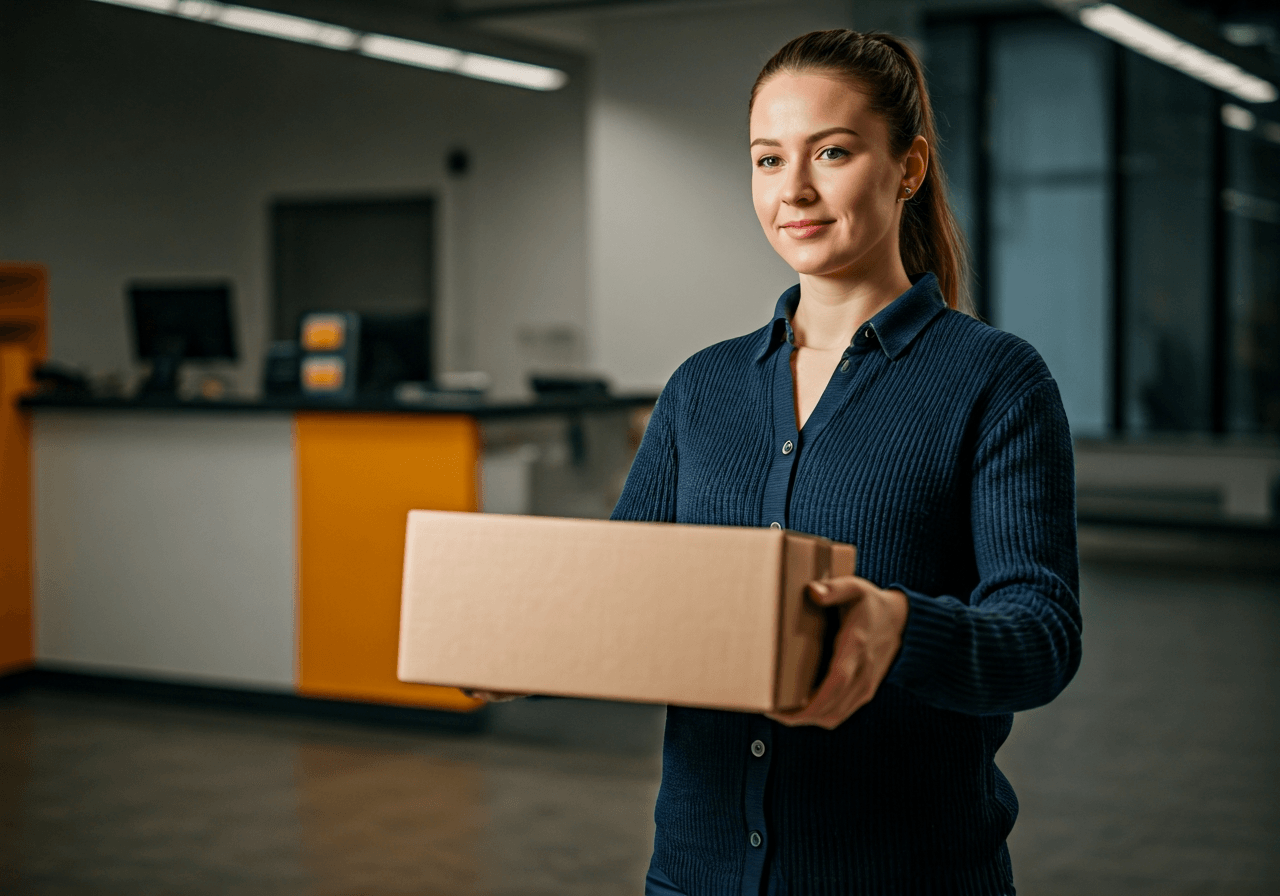 A professional person holding a delivery package near a modern postal counter, interior of a bright and clean facility in Stodulky, professional editorial photography, soft natural light, shallow depth of field, 85mm lens, high quality, no text, no letters