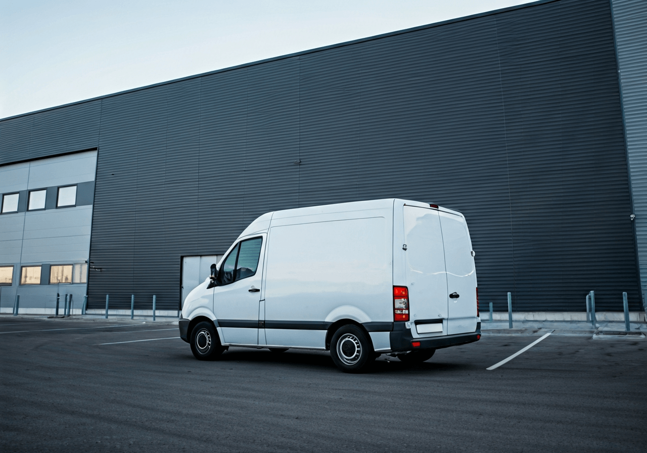 A professional logistics delivery van parked in front of a modern, sleek industrial warehouse facility, bright daylight, editorial architectural photography, clean lines, minimalist aesthetic, 85mm lens, no text, no words, no letters.