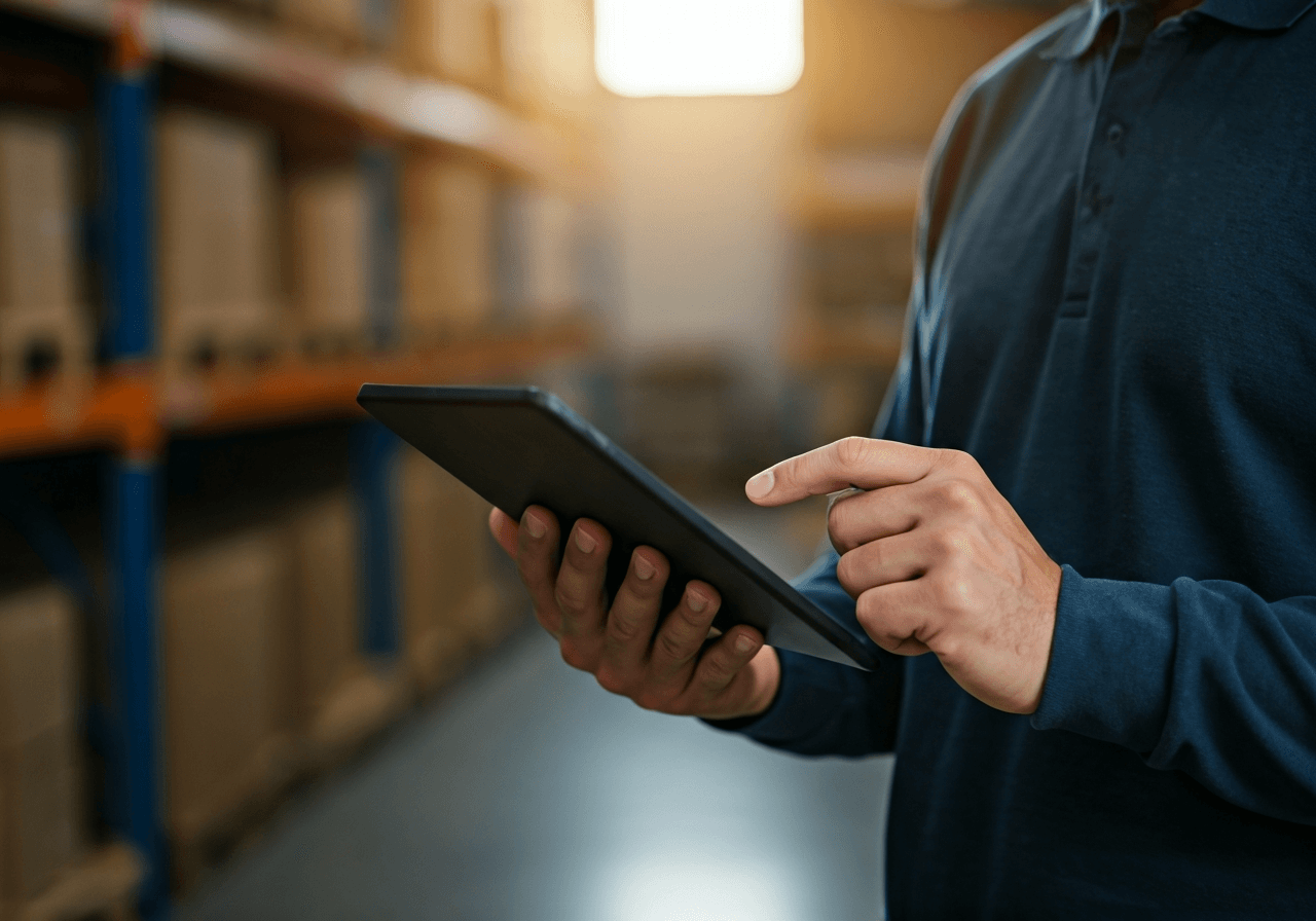 A professional logistics coordinator using a modern tablet to manage delivery routes in a clean, sunlit warehouse office, editorial photography, soft natural light, 85mm lens, depth of field, no text, no words, no letters