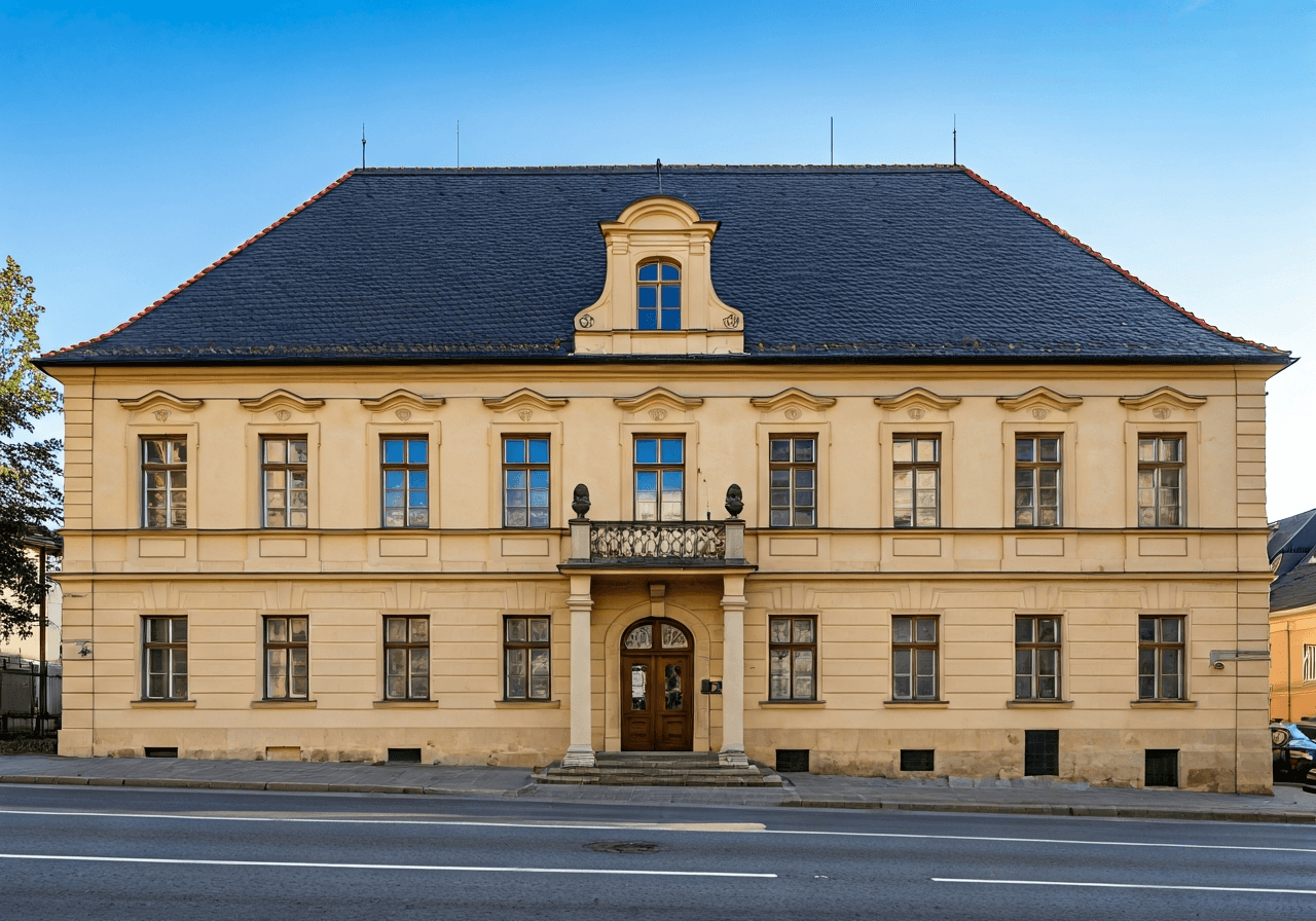 A professional exterior shot of a traditional Czech post office building in Lipník nad Bečvou, historical architecture, clean urban environment, daylight, editorial photography, 85mm lens, high detail, no text, no letters.