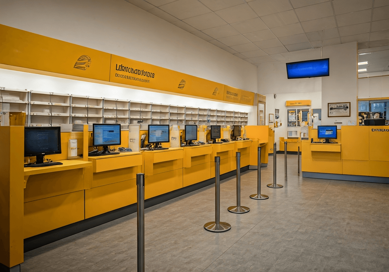 A professional, modern post office interior in Lipnik nad Becvou with organized queues and digital displays, editorial photography, soft natural light, 85mm lens, high resolution, no text, no words, no letters.