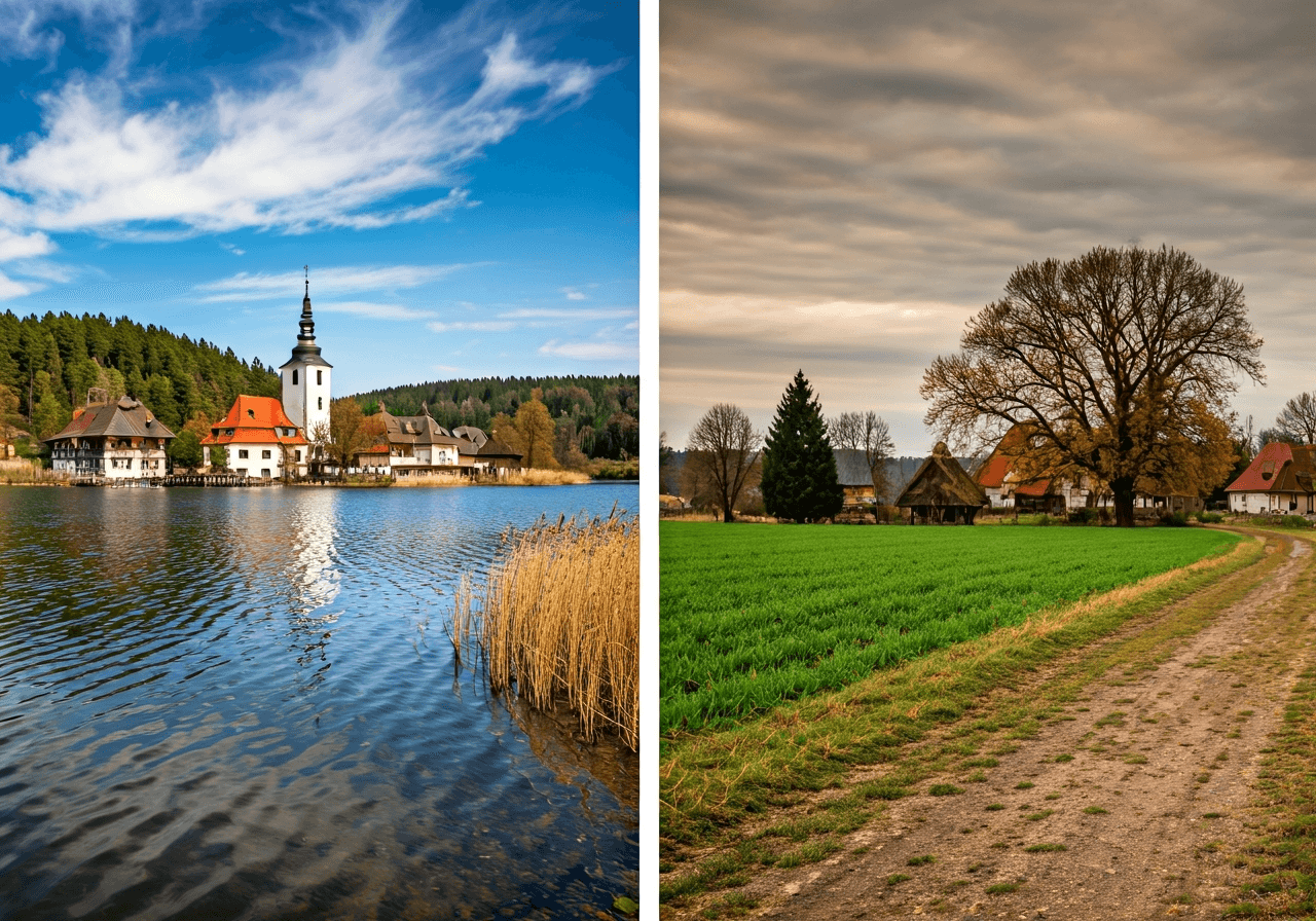Split-screen composition featuring on the left the picturesque lakeside architecture of Doksy near Máchovo jezero and on the right the quiet rural character of Doksy in the Kladno region, editorial photography, high contrast between natural landscape and rural village, soft natural light, 85mm lens, highly detailed, no text, no letters