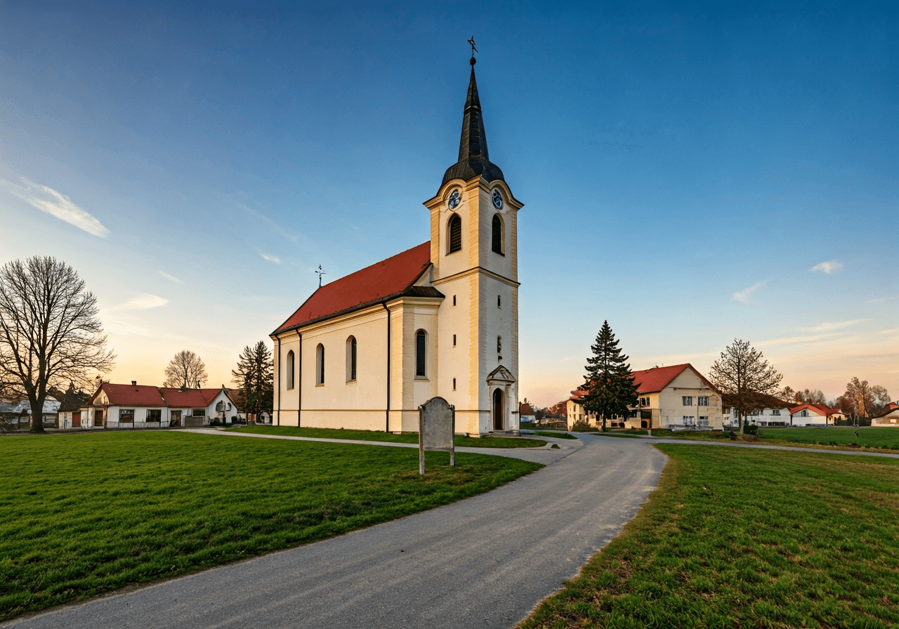 A picturesque view of a historic chapel in the heart of a quiet Czech village, surrounded by rural landscape and modern residential architecture, editorial photography, soft natural light, 85mm lens, high resolution, no text, no letters.