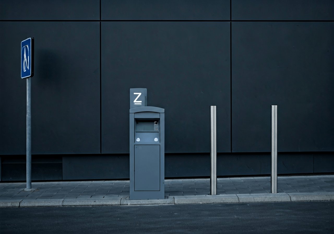 A modern, minimalist Z-Box parcel terminal located in a clean urban environment in Czech Republic, soft natural daylight, shallow depth of field, 85mm lens, professional photography, no text, no letters