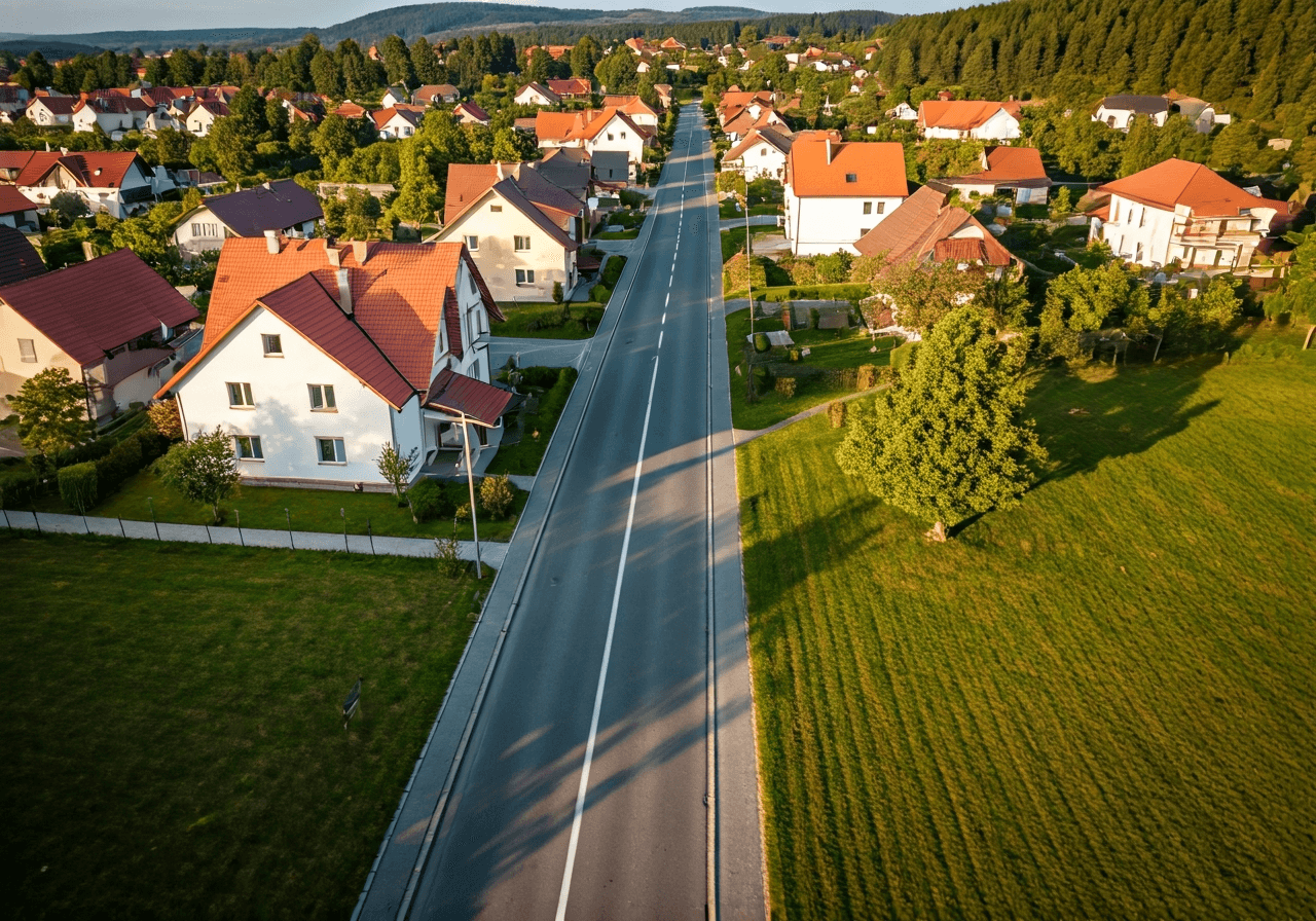 Aerial view of a clean, organized residential street in a Czech village, lush green surroundings, soft natural light, premium editorial photography style, 85mm lens, high resolution, no text, no letters
