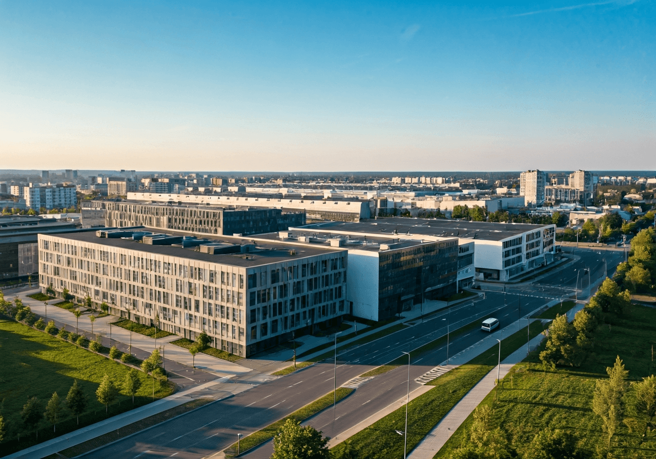 Aerial view of the modern industrial and residential district of Brno-Slatina, vibrant urban landscape, editorial photography, clean architectural lines, soft natural daylight, 85mm lens, high resolution, no text, no words, no letters