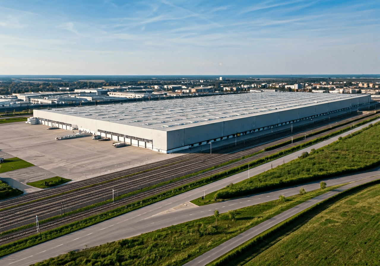 Aerial view of an industrial logistics hub in Brno-Slatina, modern warehouses with integrated rail tracks, clean urban layout, editorial photography, soft natural light, 85mm lens, high resolution, no text, no words, no letters