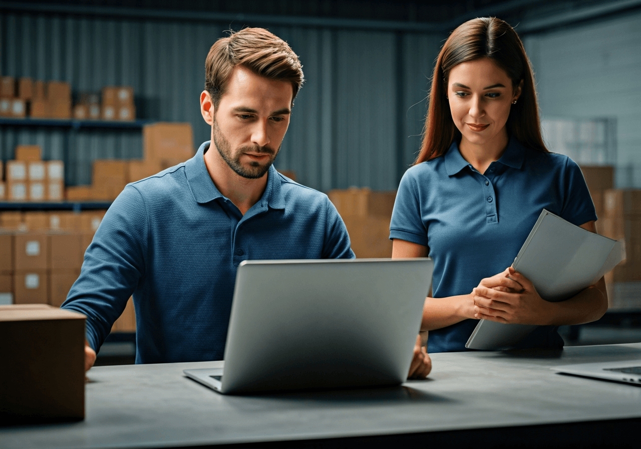 A professional logistics team working in a modern, organized distribution center, bright and clean environment, premium editorial style, soft natural light, 85mm lens, high resolution, no text, no letters