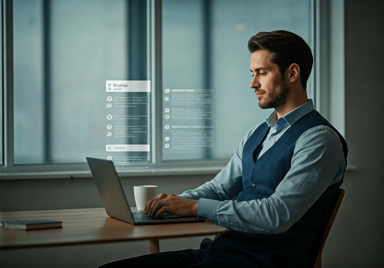 A professional job seeker sitting in a modern, bright office space with a laptop and a cup of coffee, looking at a screen with job listings, soft natural light, editorial photography style, minimalist interior, 85mm lens, no text, no words, no letters