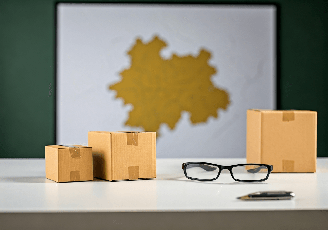 A high-angle minimalist shot of a modern, organized parcel delivery aesthetic with a blurred map of the South Moravian region in the background, clean white surfaces, soft natural light, professional editorial style, 85mm lens, no text, no words, no letters.