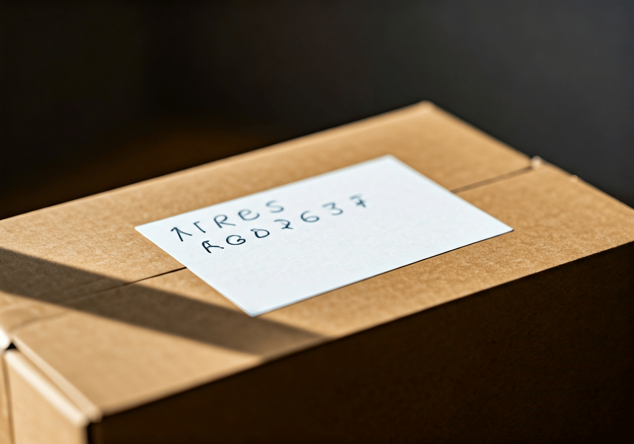 A close-up, high-quality editorial shot of a neatly handwritten address label on a sustainable cardboard shipping box, soft natural morning light, clean wooden background, premium health and wellness vibe, 85mm lens, no text, no words, no letters.
