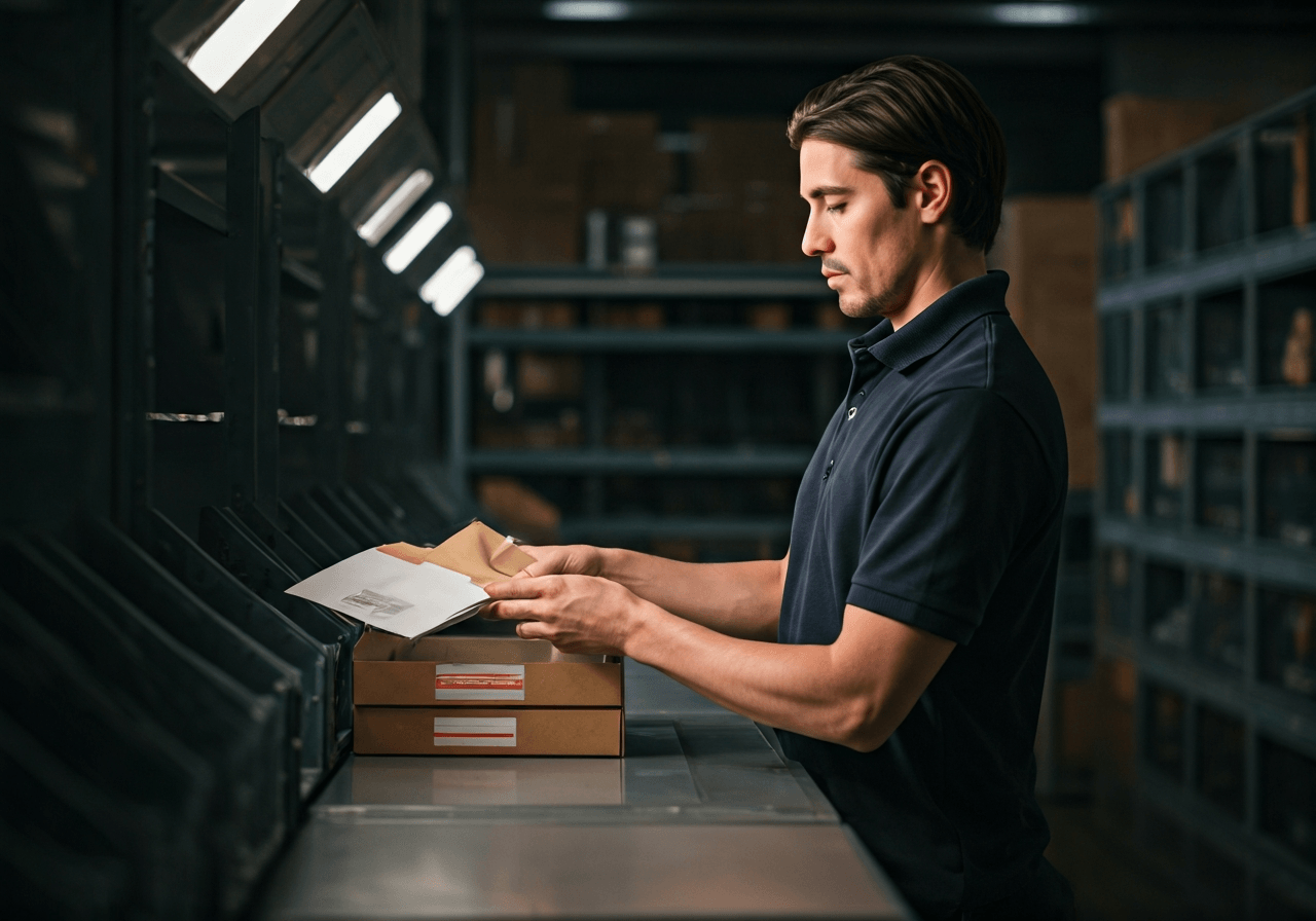 A professional postal worker sorting mail in a modern, well-lit logistics center in the Czech Republic, soft natural light, premium editorial aesthetic, 85mm lens, high resolution, no text, no letters