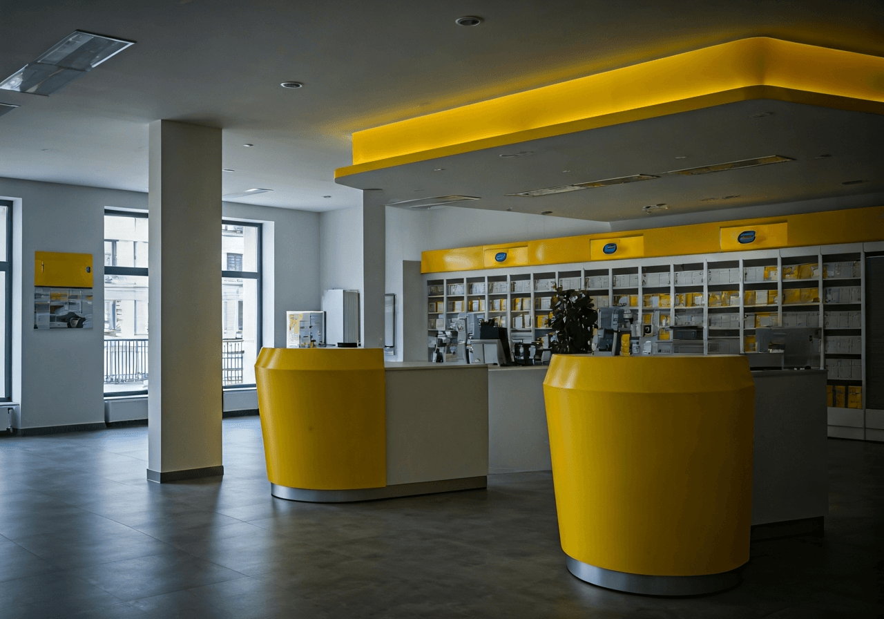 A professional, modern post office interior in Bystřice nad Pernštejnem, clean architecture with minimalist signage, soft natural light streaming through windows, editorial photography, 85mm lens, high resolution, no text, no words, no letters.
