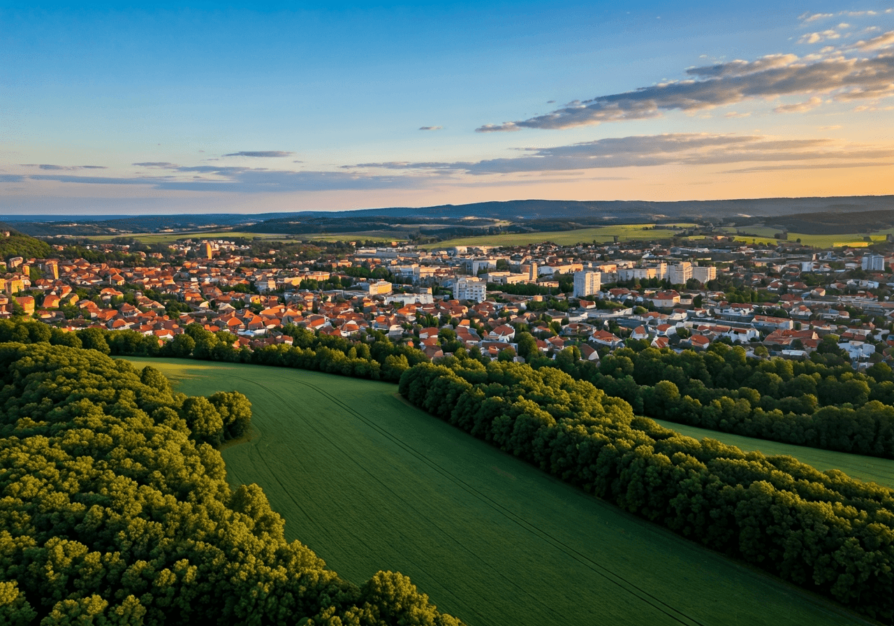 PSČ Aš 2026: Kompletní a ověřený seznam (Aktuální) 1 Aerial view of the city of As, Czech Republic, nestled in the green landscape of the Cheb district, urban planning theme, soft natural morning light, 85mm lens, high-end editorial photography, no text, no letters.