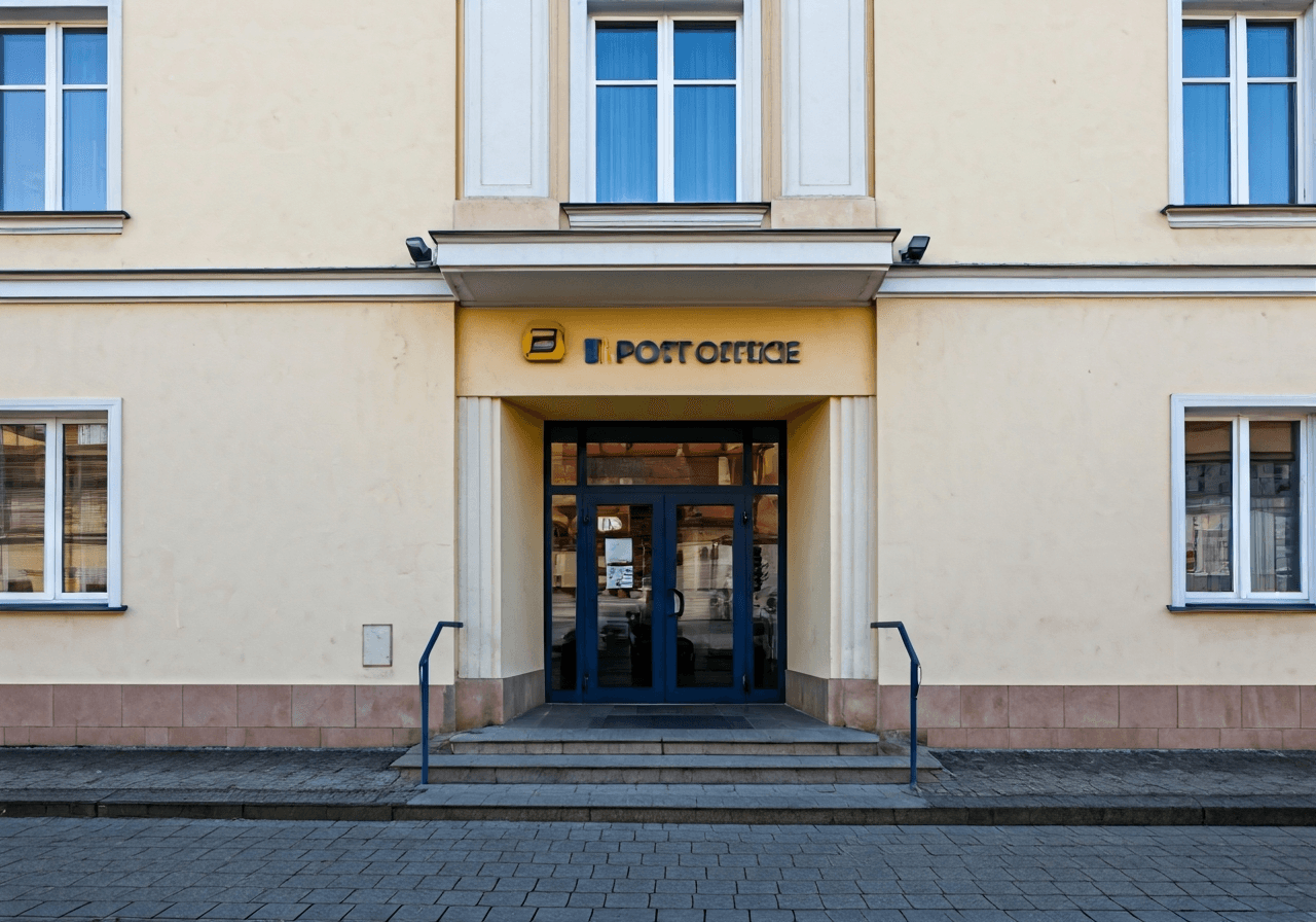 A professional, clean, and modern exterior of a local post office building in a charming Czech town, soft natural daylight, cinematic architectural photography, 85mm lens, high quality, no text, no words, no letters